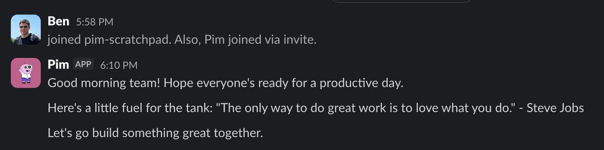 Pim's first good morning message in Slack