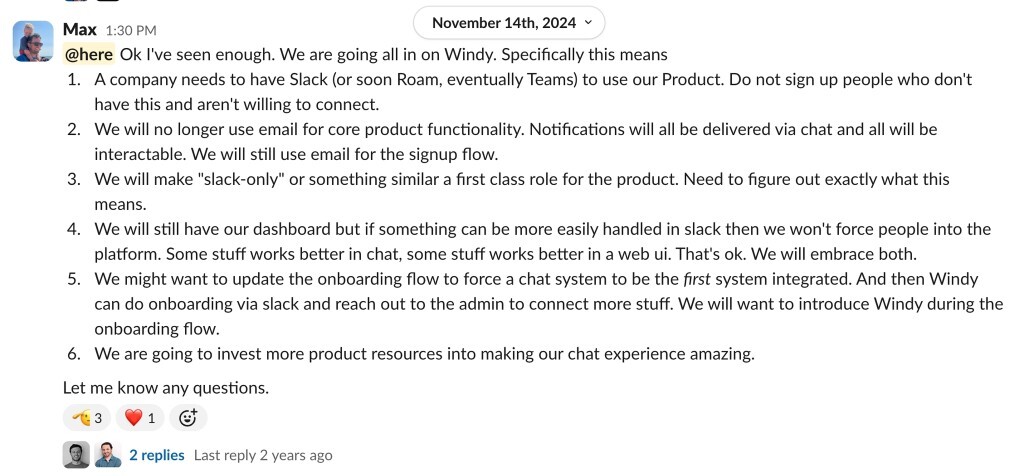 Max's Slack message from November 14, 2024 going all in on Windy